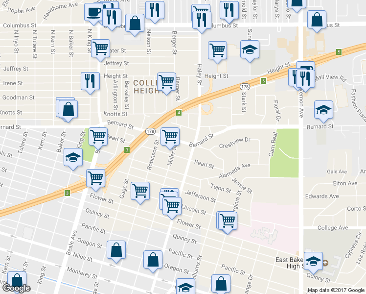map of restaurants, bars, coffee shops, grocery stores, and more near 1230 Bernard Street in Bakersfield