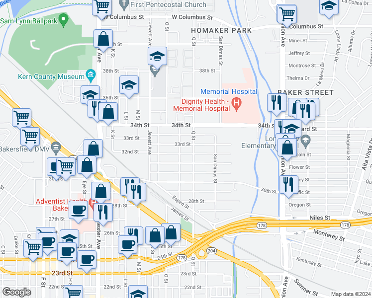 map of restaurants, bars, coffee shops, grocery stores, and more near 3300 Panama Street in Bakersfield