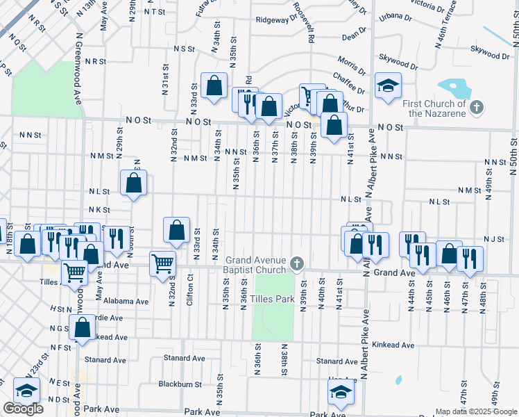 map of restaurants, bars, coffee shops, grocery stores, and more near 1400 North 36th Street in Fort Smith