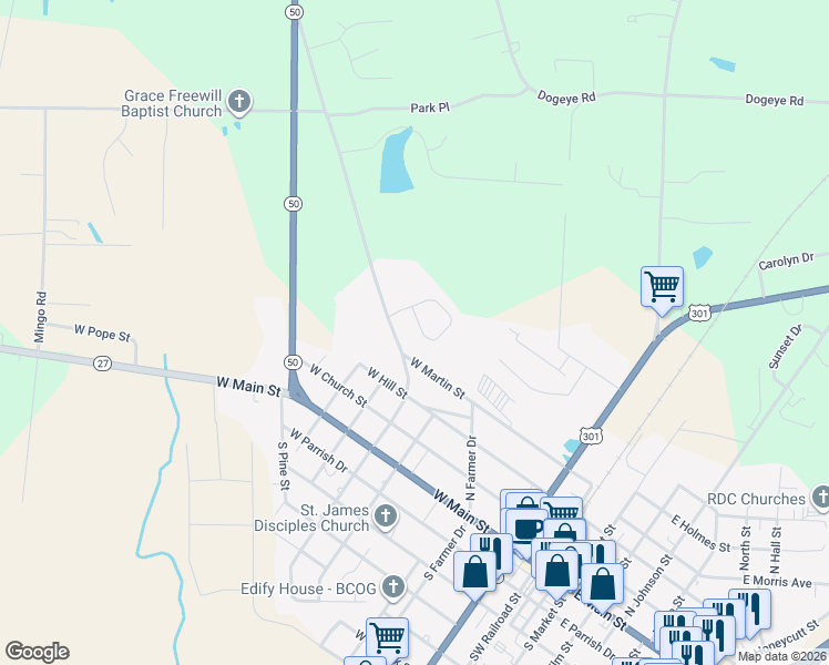 map of restaurants, bars, coffee shops, grocery stores, and more near 143 Colonade Court in Benson