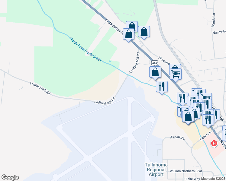 map of restaurants, bars, coffee shops, grocery stores, and more near 200 Ledford Mill Road in Tullahoma