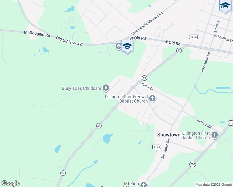 map of restaurants, bars, coffee shops, grocery stores, and more near 134 Summerwood Lane in Lillington