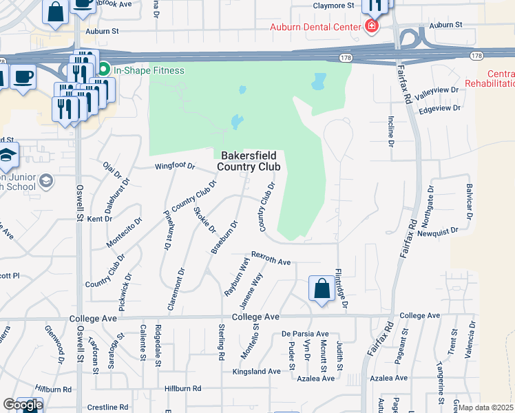map of restaurants, bars, coffee shops, grocery stores, and more near 4265 Country Club Drive in Bakersfield