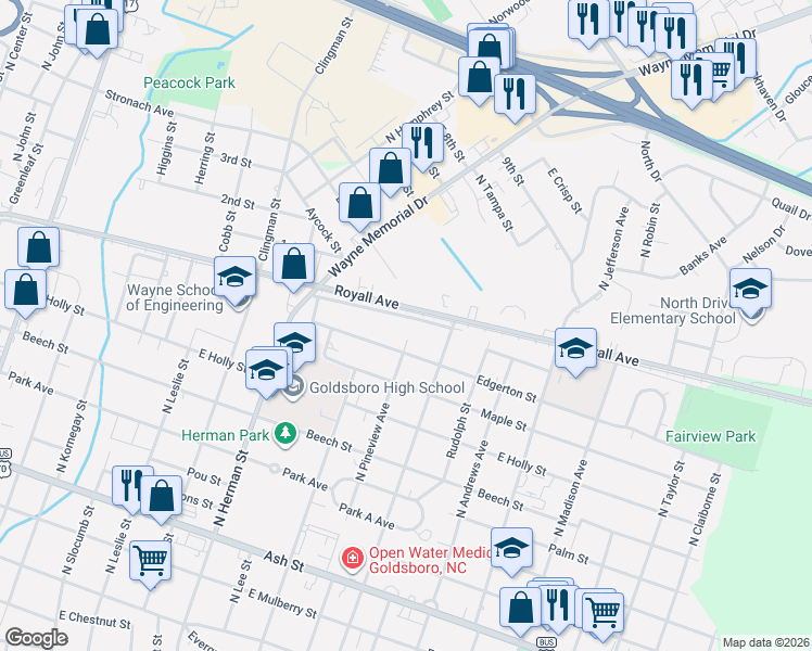 map of restaurants, bars, coffee shops, grocery stores, and more near 1107 Royall Avenue in Goldsboro