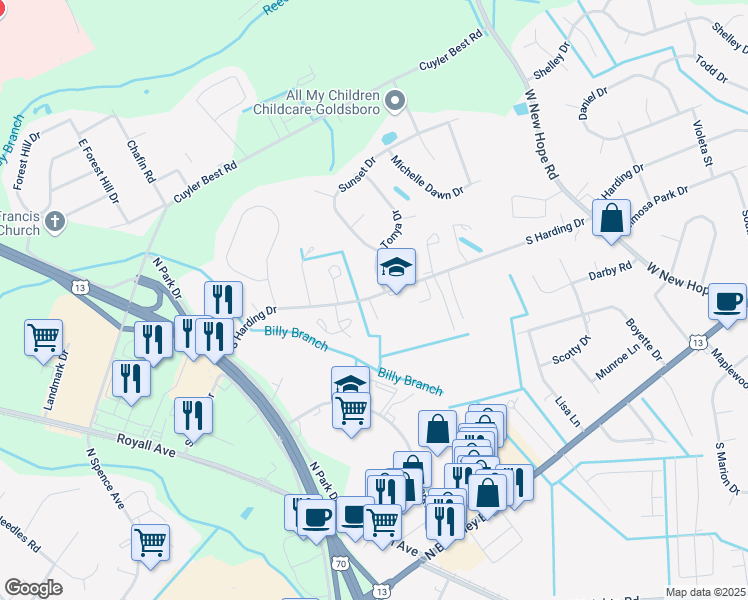 map of restaurants, bars, coffee shops, grocery stores, and more near 100 Tonya Drive in Goldsboro