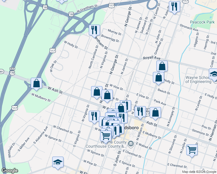 map of restaurants, bars, coffee shops, grocery stores, and more near 301-399 West Vine Street in Goldsboro