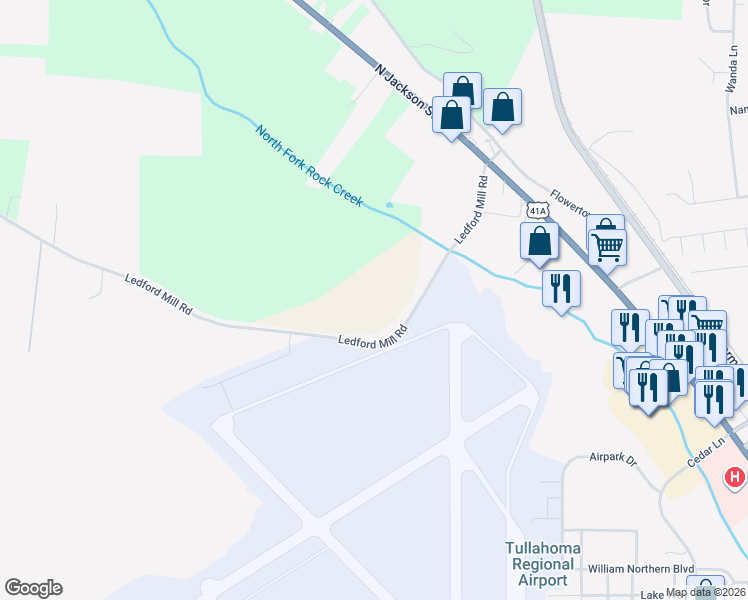 map of restaurants, bars, coffee shops, grocery stores, and more near 200 Ledford Mill Road in Tullahoma