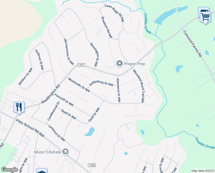 map of restaurants, bars, coffee shops, grocery stores, and more near 5819 Gettysburg Drive Northwest in Concord
