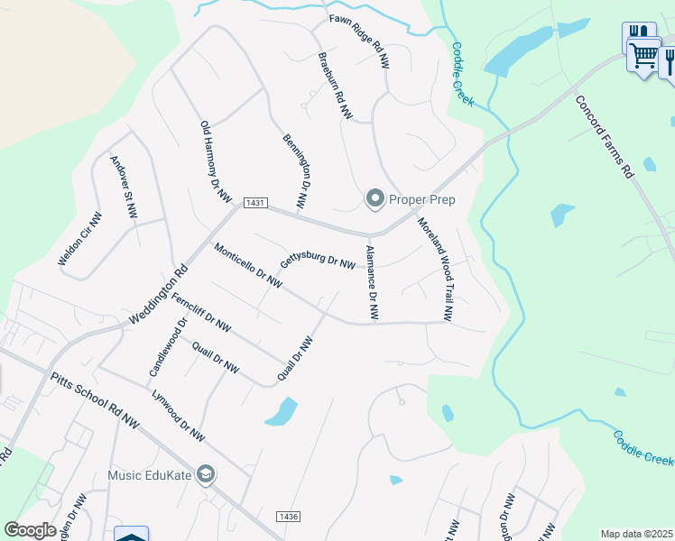 map of restaurants, bars, coffee shops, grocery stores, and more near 5819 Gettysburg Drive Northwest in Concord