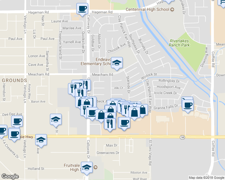 map of restaurants, bars, coffee shops, grocery stores, and more near 9323 Alki Court in Bakersfield