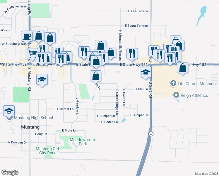 map of restaurants, bars, coffee shops, grocery stores, and more near 609 East Katelyn Lane in Mustang