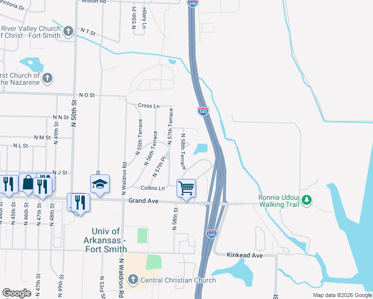 map of restaurants, bars, coffee shops, grocery stores, and more near 1 North 58th Terrace Drive in Fort Smith
