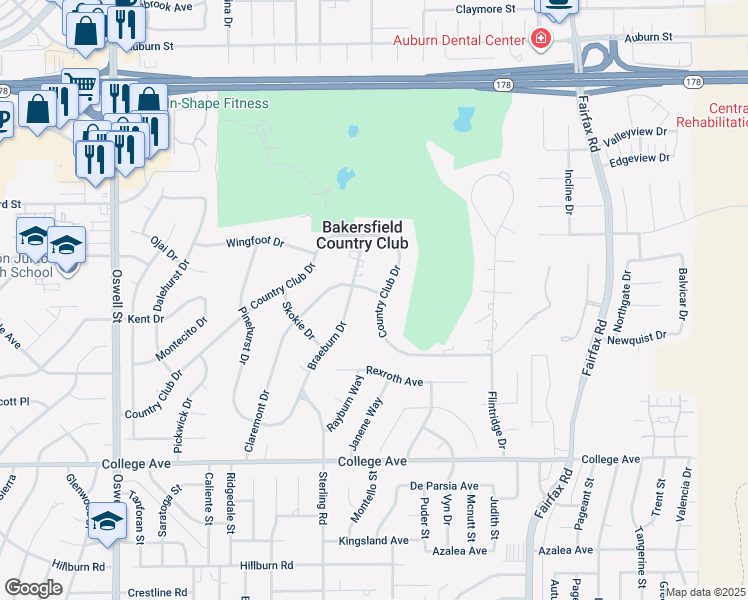 map of restaurants, bars, coffee shops, grocery stores, and more near 4265 Country Club Drive in Bakersfield
