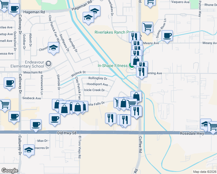 map of restaurants, bars, coffee shops, grocery stores, and more near 8409 Hoodsport Avenue in Bakersfield