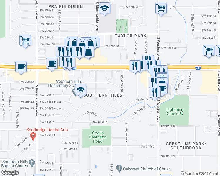 map of restaurants, bars, coffee shops, grocery stores, and more near 1201 Southwest 77th Place in Oklahoma City