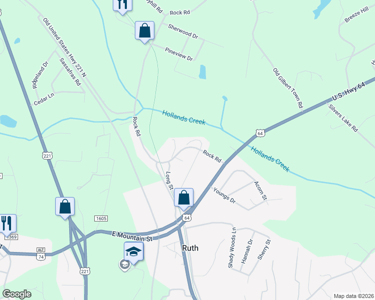map of restaurants, bars, coffee shops, grocery stores, and more near 303 Long Street in Rutherfordton