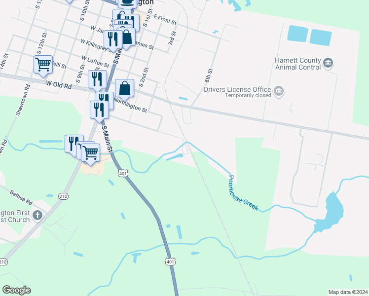map of restaurants, bars, coffee shops, grocery stores, and more near 510 East Washington Street in Lillington