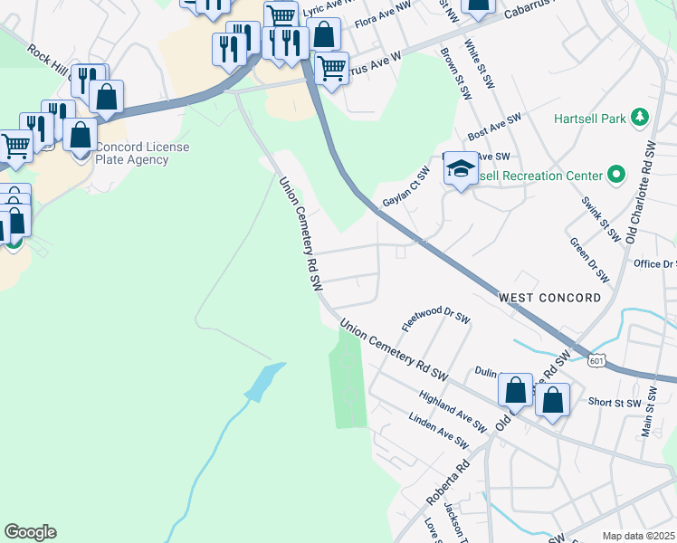 map of restaurants, bars, coffee shops, grocery stores, and more near 844 Pebble Avenue Southwest in Concord