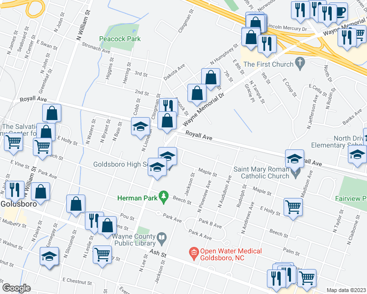map of restaurants, bars, coffee shops, grocery stores, and more near 915 Edgerton Street in Goldsboro