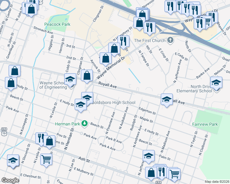 map of restaurants, bars, coffee shops, grocery stores, and more near 1107 Royall Avenue in Goldsboro