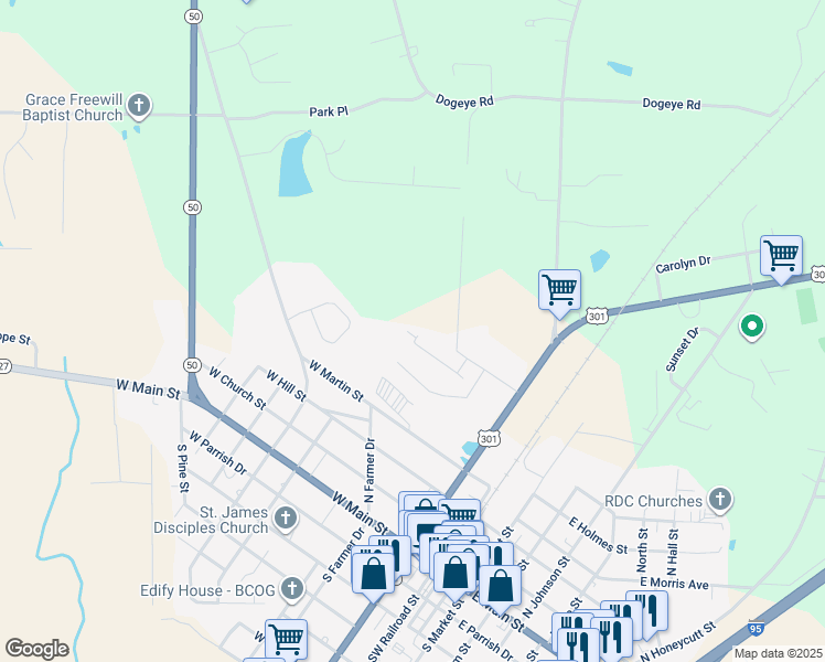 map of restaurants, bars, coffee shops, grocery stores, and more near 137 Boomer Street in Benson