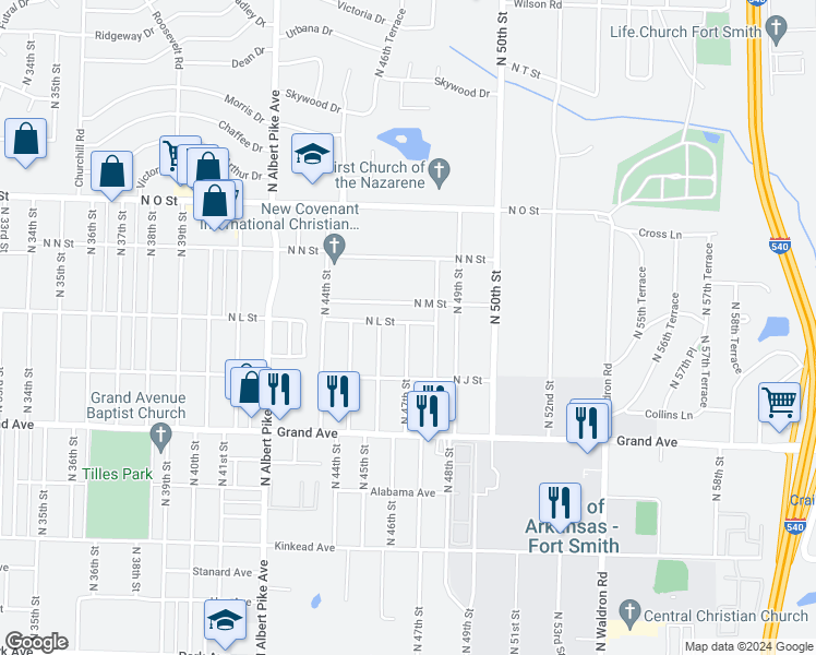 map of restaurants, bars, coffee shops, grocery stores, and more near 1322 North 47th Street in Fort Smith