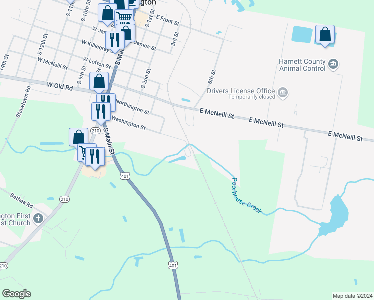 map of restaurants, bars, coffee shops, grocery stores, and more near 510 East Washington Street in Lillington