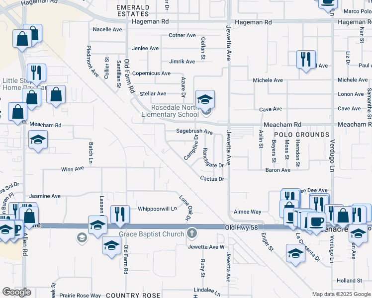 map of restaurants, bars, coffee shops, grocery stores, and more near 3210 Aries Court in Bakersfield