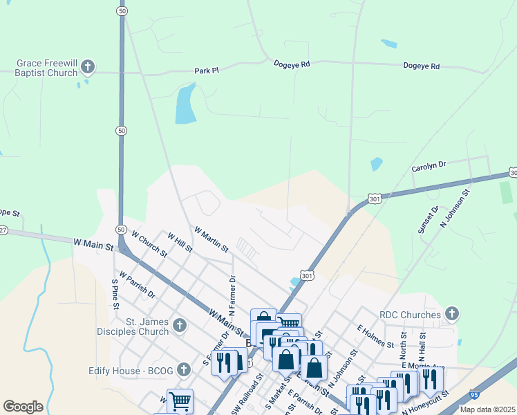 map of restaurants, bars, coffee shops, grocery stores, and more near 137 Boomer Street in Benson