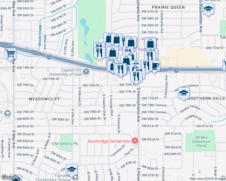 map of restaurants, bars, coffee shops, grocery stores, and more near 2220 Southwest 76th Street in Oklahoma City