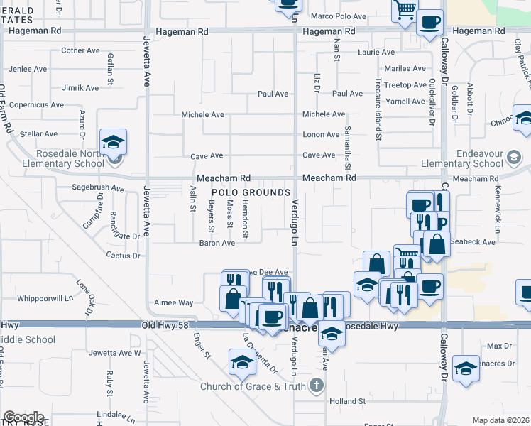 map of restaurants, bars, coffee shops, grocery stores, and more near 3218 Granlee Court in Bakersfield