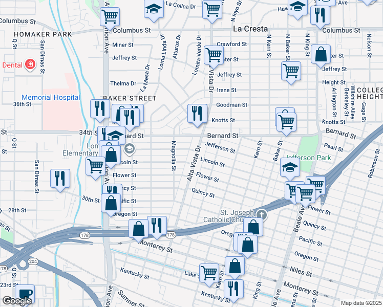 map of restaurants, bars, coffee shops, grocery stores, and more near 1819 Alta Vista Drive in Bakersfield