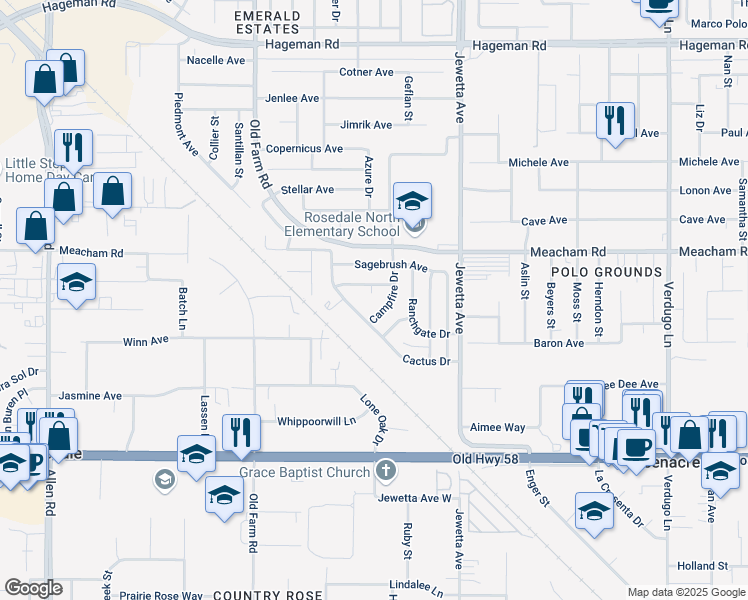 map of restaurants, bars, coffee shops, grocery stores, and more near 3210 Aries Court in Bakersfield