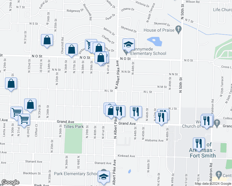 map of restaurants, bars, coffee shops, grocery stores, and more near 1400 North 41st Street in Fort Smith