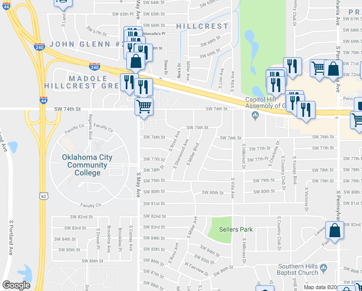 map of restaurants, bars, coffee shops, grocery stores, and more near 7613 South Sherwood Avenue in Oklahoma City