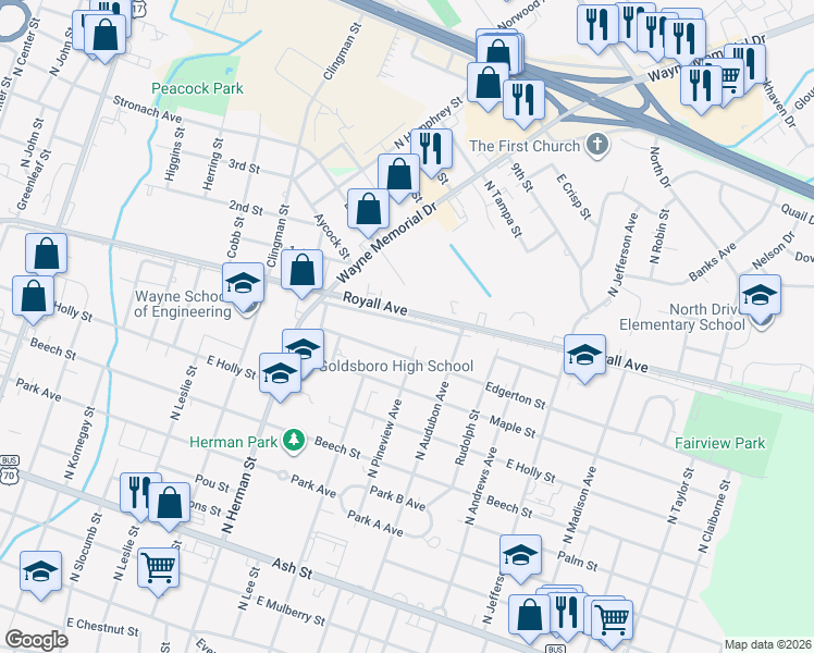 map of restaurants, bars, coffee shops, grocery stores, and more near 1107 Royall Avenue in Goldsboro