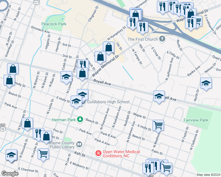 map of restaurants, bars, coffee shops, grocery stores, and more near 1112 Atlantic Avenue in Goldsboro
