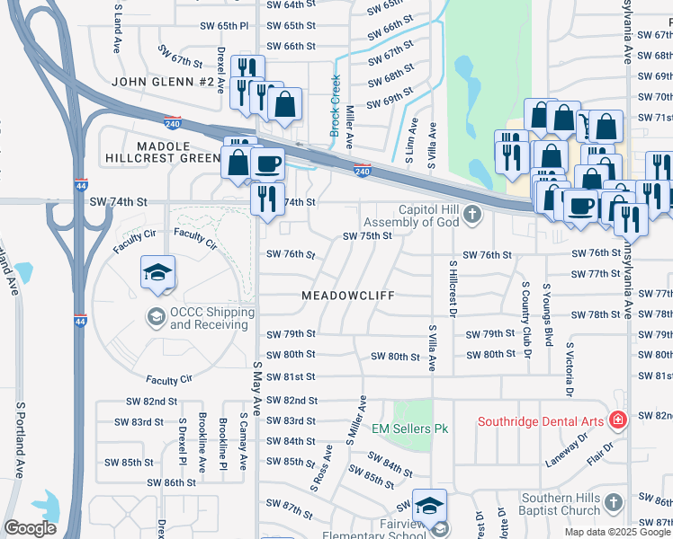 map of restaurants, bars, coffee shops, grocery stores, and more near 7625 South Sherwood Avenue in Oklahoma City