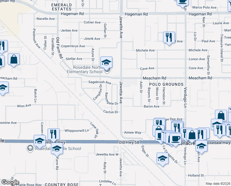 map of restaurants, bars, coffee shops, grocery stores, and more near 3217 Chuckwagon Street in Bakersfield