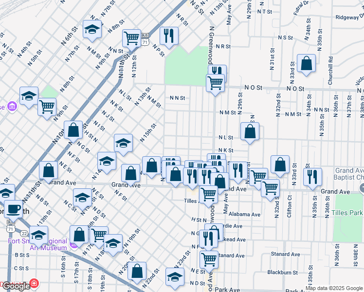 map of restaurants, bars, coffee shops, grocery stores, and more near 1911 North K Street in Fort Smith