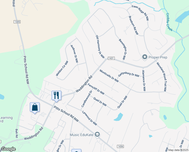 map of restaurants, bars, coffee shops, grocery stores, and more near 6313 Weddington Road in Concord
