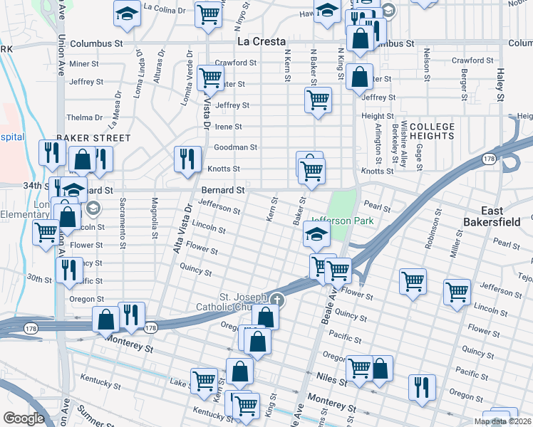 map of restaurants, bars, coffee shops, grocery stores, and more near 528 Jefferson Street in Bakersfield