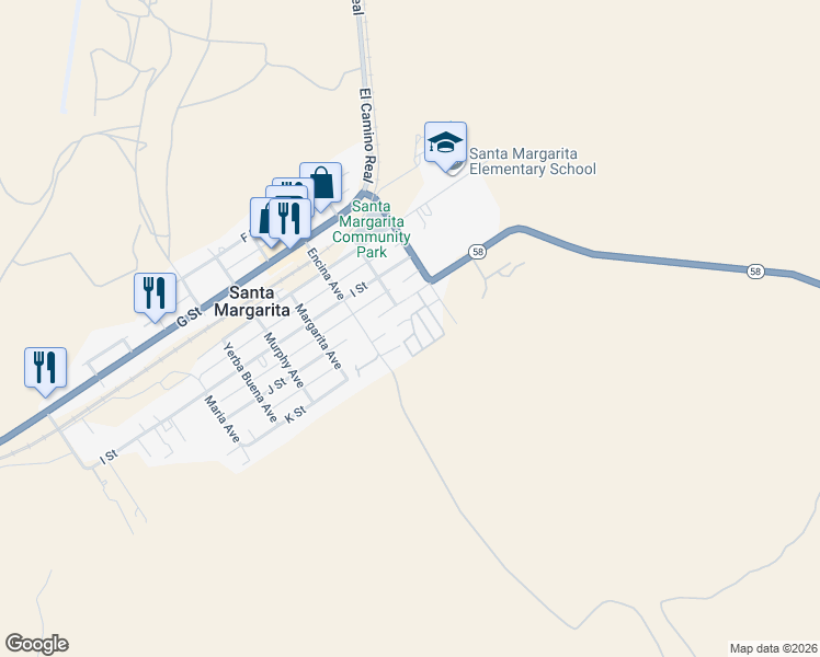 map of restaurants, bars, coffee shops, grocery stores, and more near 22149 J Street in Santa Margarita