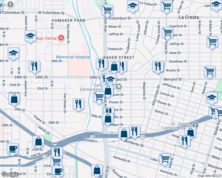 map of restaurants, bars, coffee shops, grocery stores, and more near 1900 Stockton Street in Bakersfield