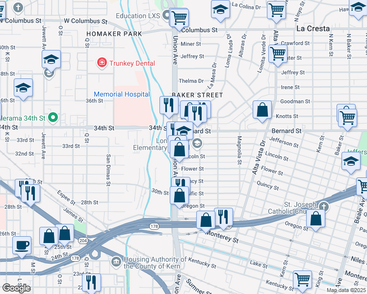 map of restaurants, bars, coffee shops, grocery stores, and more near 1900 Stockton Street in Bakersfield