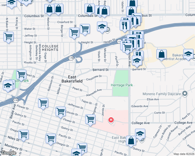 map of restaurants, bars, coffee shops, grocery stores, and more near 1712 Crestview Drive in Bakersfield