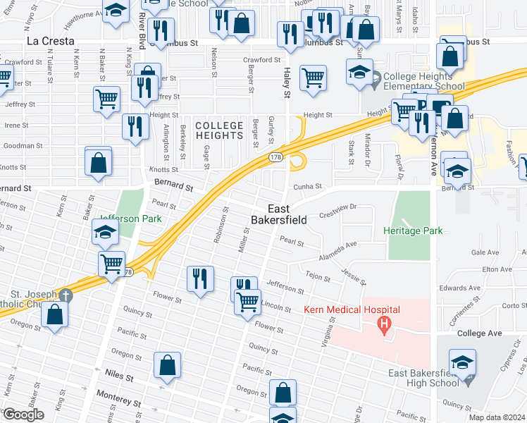 map of restaurants, bars, coffee shops, grocery stores, and more near 1230 Bernard Street in Bakersfield