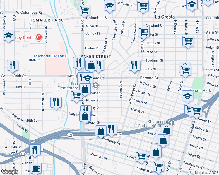 map of restaurants, bars, coffee shops, grocery stores, and more near 130 Jefferson Street in Bakersfield