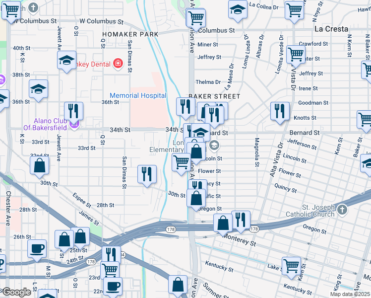 map of restaurants, bars, coffee shops, grocery stores, and more near 205 34th Street in Bakersfield