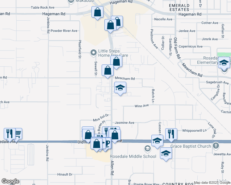 map of restaurants, bars, coffee shops, grocery stores, and more near 3236 Allen Road in Bakersfield